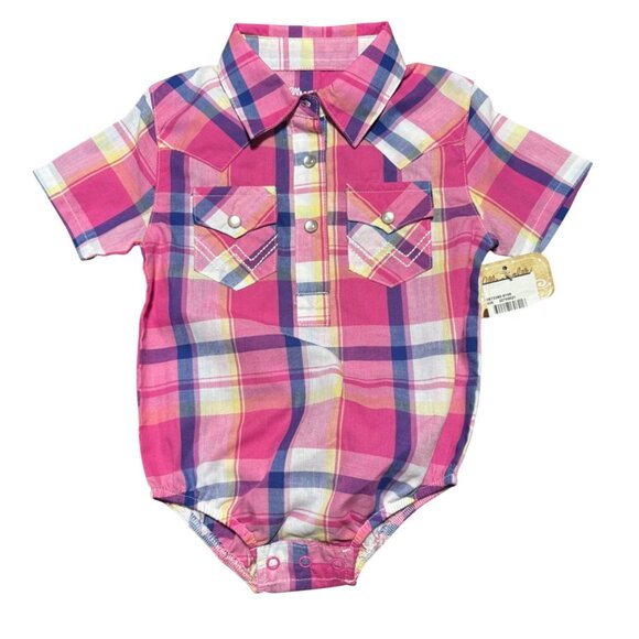 Wrangler Baby Plaid Bodysuit 6-9 Month Pink Blue Yellow Western Snap Button - Picture 1 of 7